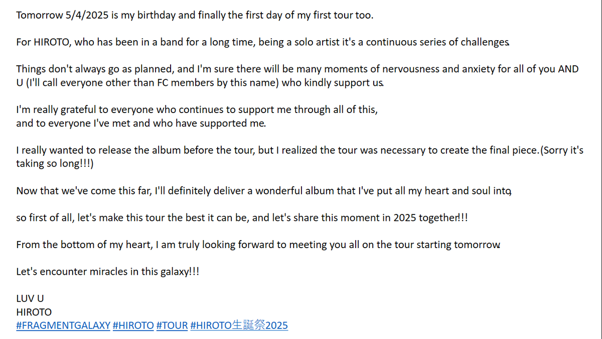 A9Mexico's tweet photo. Hiroto message, rough translation

#FRAGMENTGALAXY 
#HIROTO 
#TOUR 
#HIROTO生誕祭2025 https://t.co/tFhidkigDt