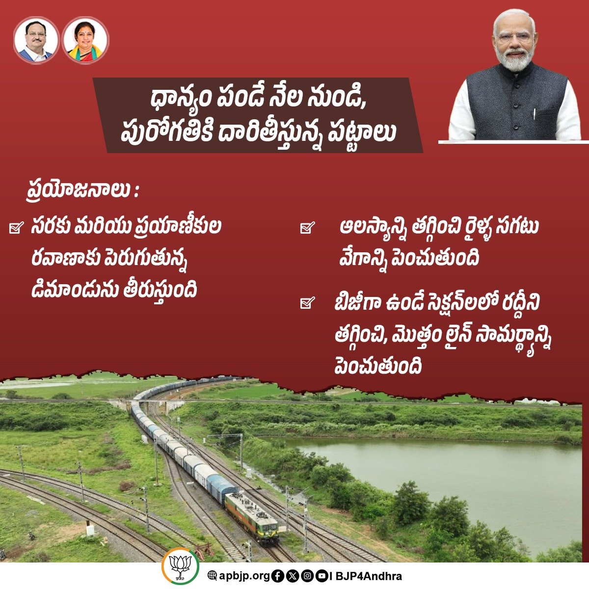BJP4Andhra's tweet image. ధాన్యం పండే నేల నుండి, పురోగతికి దారితీస్తున్న పట్టాలు

కొత్త పశ్చిమ బ్లాక్ హట్ కేబిన్ మరియు విజయవాడ స్టేషన్ల మధ్య 3వ రైల్ మార్గం

#Modi4APDevelopment