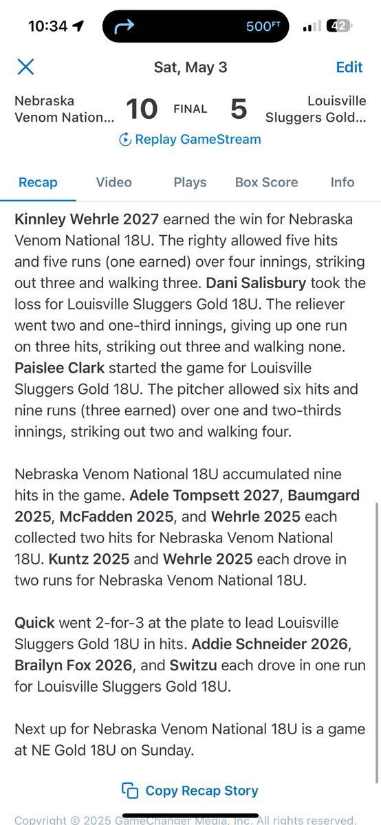 Nebraska Venom 18u-National (@18uvenom) on Twitter photo Two big wins to finish the day off <a href="/TopGunEvents/">Top Gun Events</a> Heartland Invite! A ✌️run shot by <a href="/AdeleTompsett27/">Adele Tompsett</a> and a 3 run 💣 by <a href="/KynzeeMcfadden/">Kynzee McFadden</a> led to a <a href="/ElsasserLilly/">Lilly Elsasser</a> stand up triple to right for the walk off vs NE Gold National.. followed by a great performance in the ⭕️ from Two big wins to finish the day off <a href="/TopGunEvents/">Top Gun Events</a> Heartland Invite! A ✌️run shot by <a href="/AdeleTompsett27/">Adele Tompsett</a> and a 3 run 💣 by <a href="/KynzeeMcfadden/">Kynzee McFadden</a> led to a <a href="/ElsasserLilly/">Lilly Elsasser</a> stand up triple to right for the walk off vs NE Gold National.. followed by a great performance in the ⭕️ from