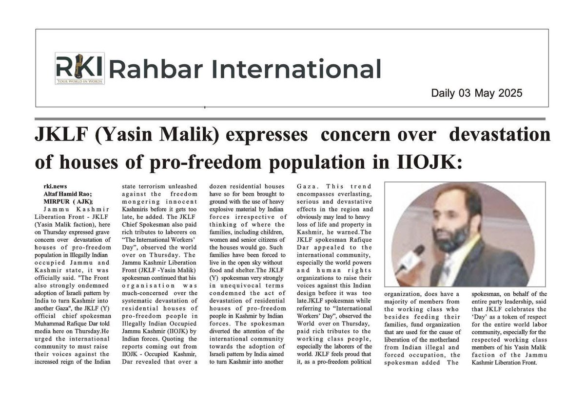 Jammu Kashmir Libration Front (JKLF) concern over devastation of houses of pro-freedom population in IIOJK.