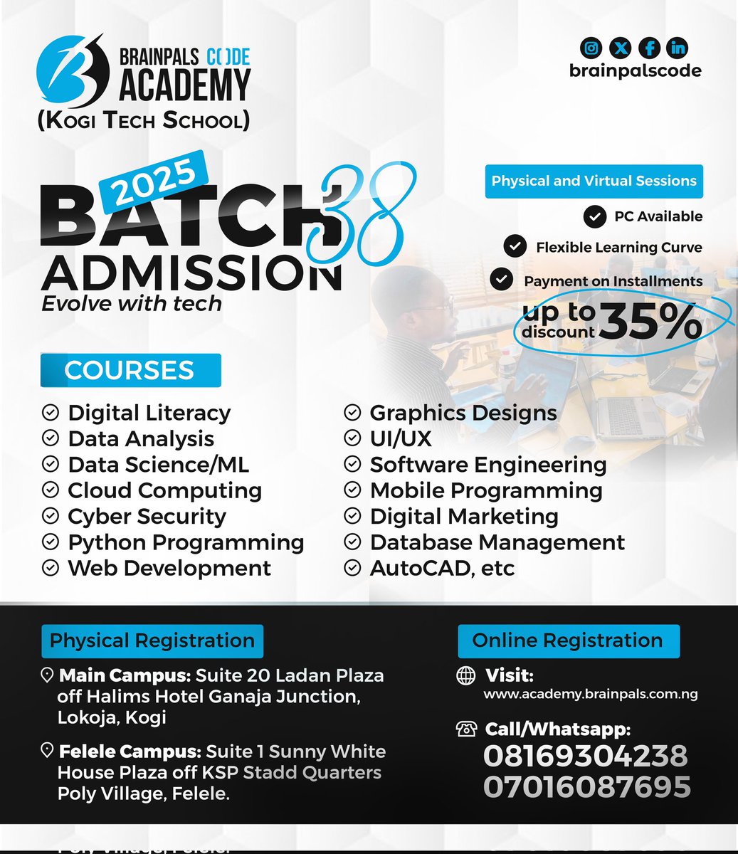 brainpalscode's tweet image. Did you miss April Admission, get on board now with Batch 38 at Brainpals Code Academy...
#brainpalscode #kogitechschool