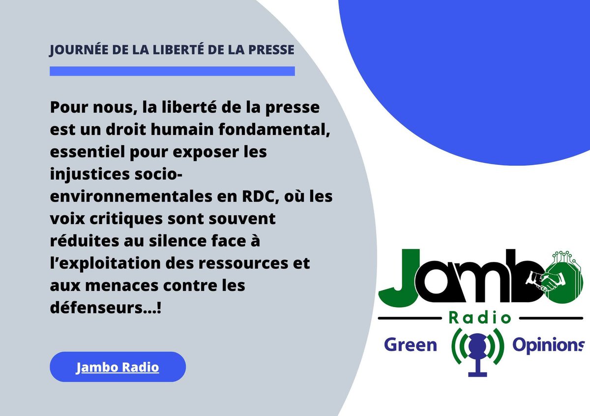 jamboradio2's tweet image. La liberté de la presse est un droit humain fondamental, essentiel pour exposer les injustices socio-environnementales en RDC où les voix critiques sont souvent réduites au silence face à l’exploitation des ressources&aux menaces contre les défenseurs
🔊 soundcloud.com/jambo-radio-43…