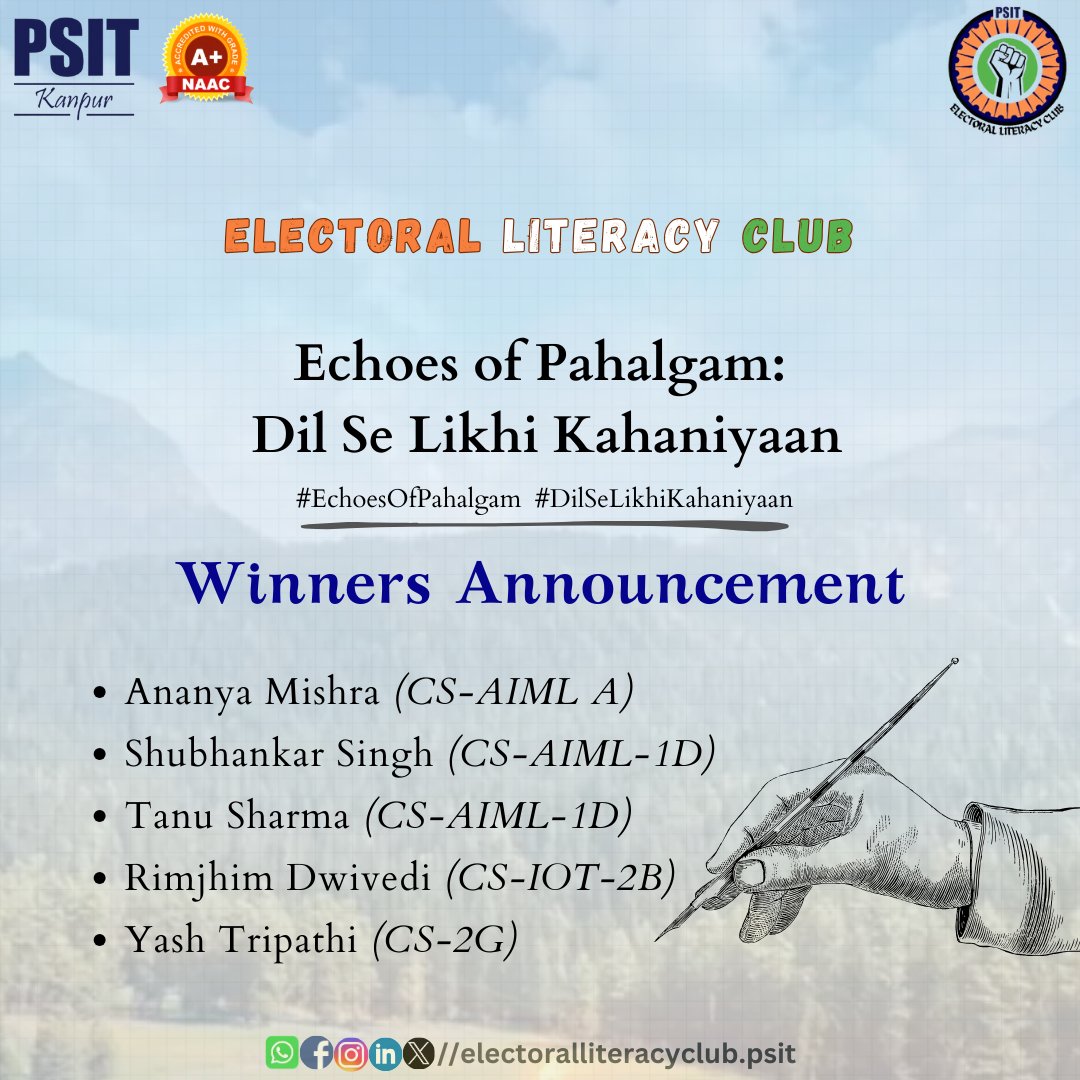 ELC_CLUB_PSIT's tweet photo. The words have spoken.
"Echoes of Pahalgam – Dil Se Likhi Kahaniyaan" has concluded with heartfelt stories that honored, healed, and inspired.
Thank you to all participants for making it unforgettable.
#ELC #EchoesOfPahalgam #BlogCompetition https://t.co/LsM3Y0yrpm