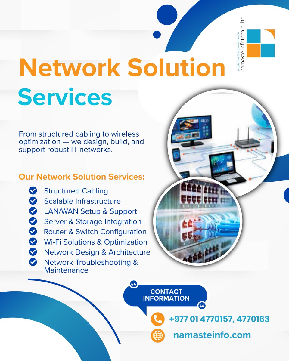 LtdNamaste's tweet image. From small offices to large enterprises — a strong, secure network is the foundation of business productivity.

To know more:
namasteinfo.com/services

#NetworkSolutions #NamasteInfoTech #LANSetup #WANSolutions #ITInfrastructure #WiredWireless