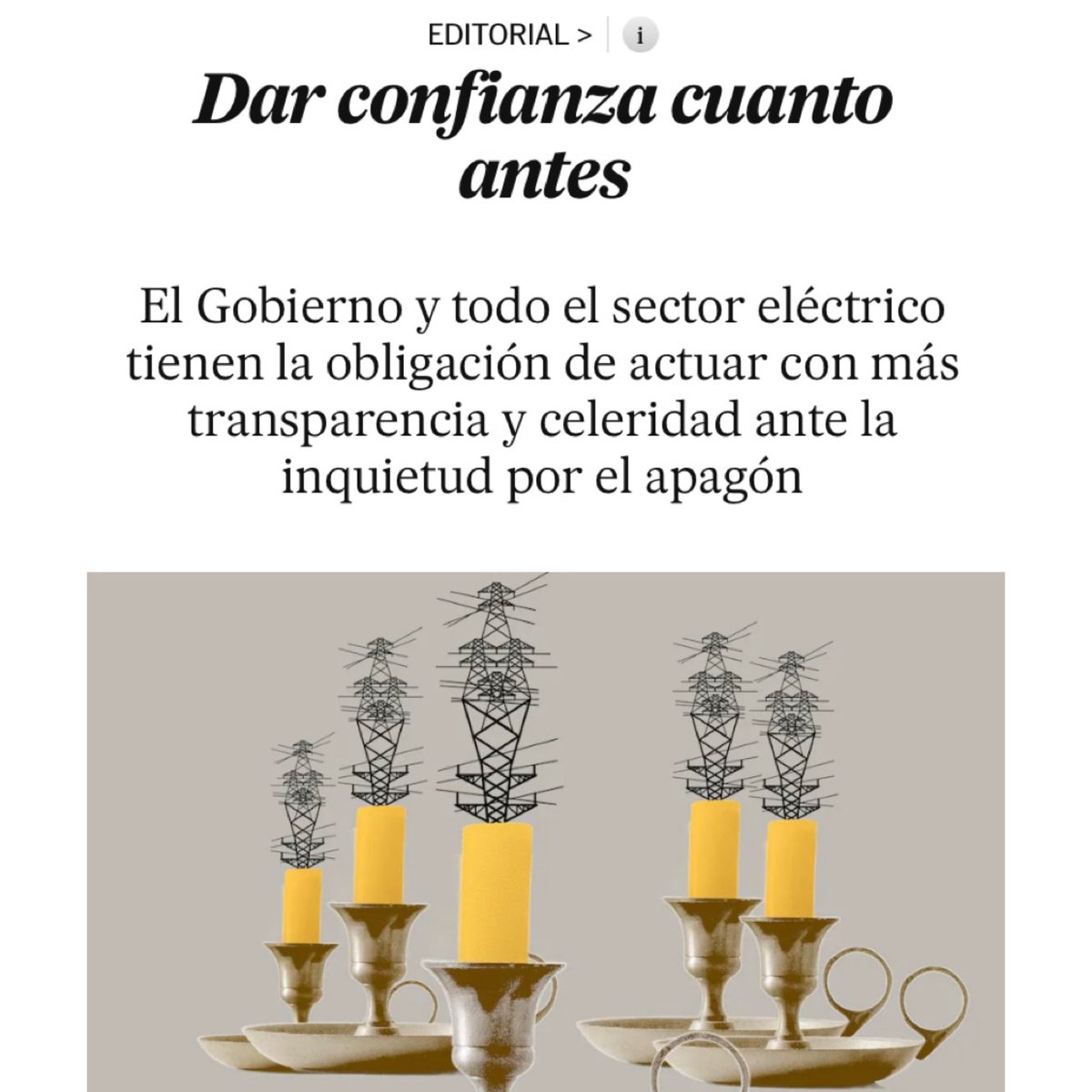 elsrgarcia (@elsrgarcia) on Twitter photo Dar confianza cuanto antes
El Gobierno y todo el sector eléctrico tienen la obligación de actuar con más transparencia y celeridad ante la inquietud por el apagón
Editorial de hoy 4 mayo en <a href="/el_pais/">EL PAÍS</a> <a href="/elpais_opinion/">EL PAÍS Opinión</a>
D.A.: <a href="/quintatinta/">Diego Areso</a>
elpais.com/opinion/2025-0… Dar confianza cuanto antes
El Gobierno y todo el sector eléctrico tienen la obligación de actuar con más transparencia y celeridad ante la inquietud por el apagón
Editorial de hoy 4 mayo en <a href="/el_pais/">EL PAÍS</a> <a href="/elpais_opinion/">EL PAÍS Opinión</a>
D.A.: <a href="/quintatinta/">Diego Areso</a>
elpais.com/opinion/2025-0…