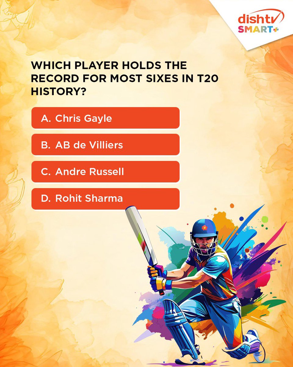 DishTV_India's tweet photo. Comment your answer & tag that one friend who always swings for a six !
#T20Trivia #CricketLegends #DishTVSmart+ #QuizOfTheDay #SmartEntertainment https://t.co/FaXvjnSITh