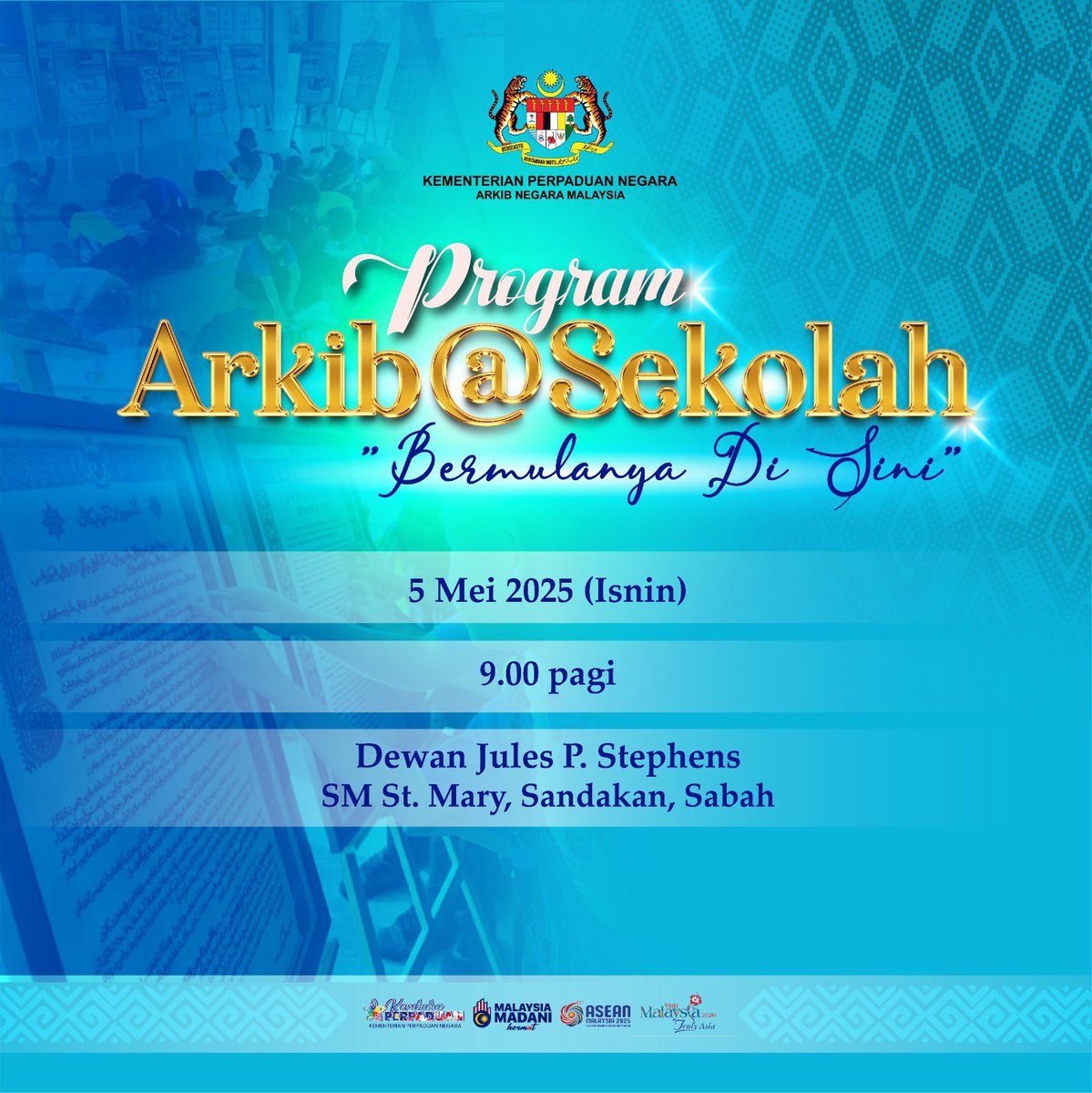 Kementerian Perpaduan Negara melalui Arkib Negara Malaysia (ANM) akan menganjurkan Program Arkib@Sekolah: “Bermulanya Di Sini” sebagai usaha memperkasa pemahaman generasi muda terhadap sejarah, warisan, dan pembinaan negara bangsa. 

Program ini bertujuan untuk mendekatkan