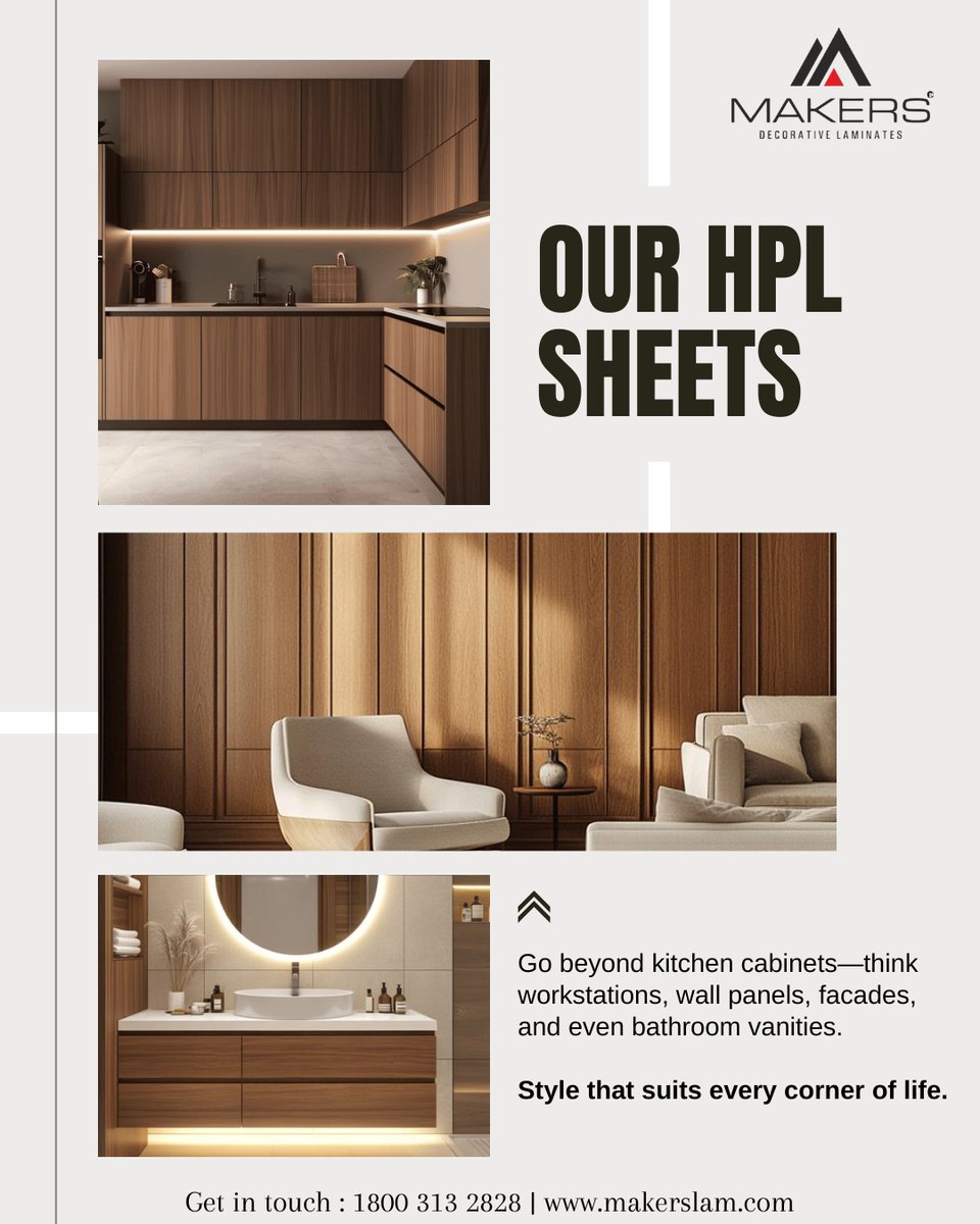 MakersLaminate's tweet image. HPL sheets aren’t just for kitchens anymore.
We design for desks, walls, washrooms, and wow-worthy facades.
One sheet, many possibilities. 💡

🟫 Let’s talk laminates!
📩 info@makerslam.com | 📞 1800 313 2828

#BeyondKitchens #VersatileDesign #HPLApplications #MakersLaminate