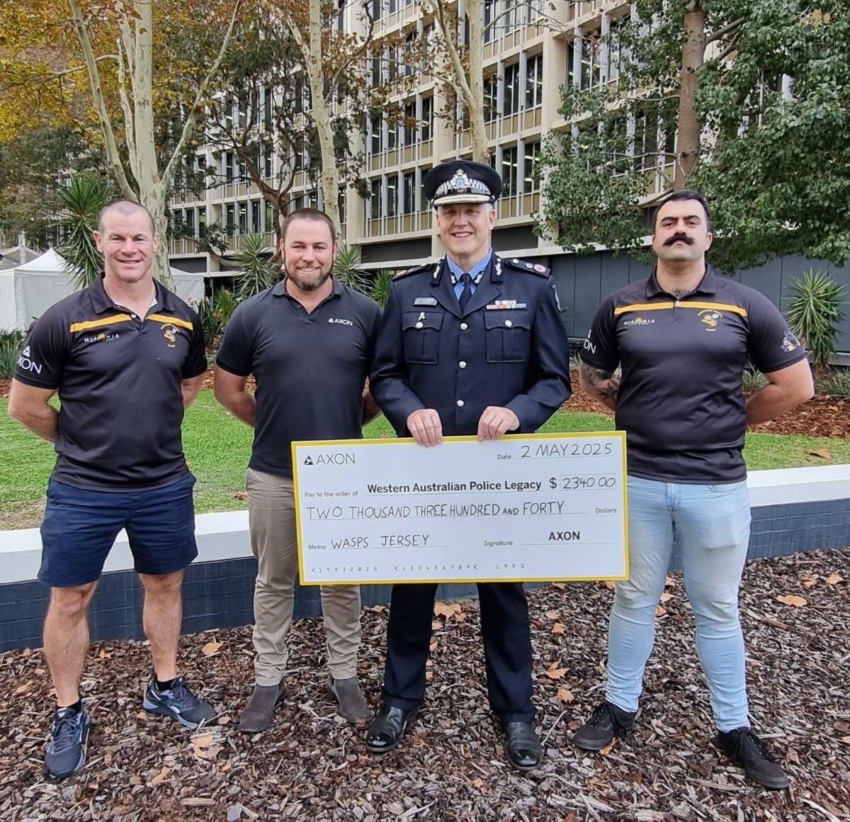 Thank you to Scott, Jason and all the team at <a href="/axon_us/">Axon</a> for their very kind donation of $2340 to <a href="/WAPoliceLegacy/">WA Police Legacy</a> after their recent purchase of a framed WAPol Wasps jersey.

#thankyou #rugbyfamily #charity #charityauction 
<a href="/WA_Police/">WA Police Force</a>