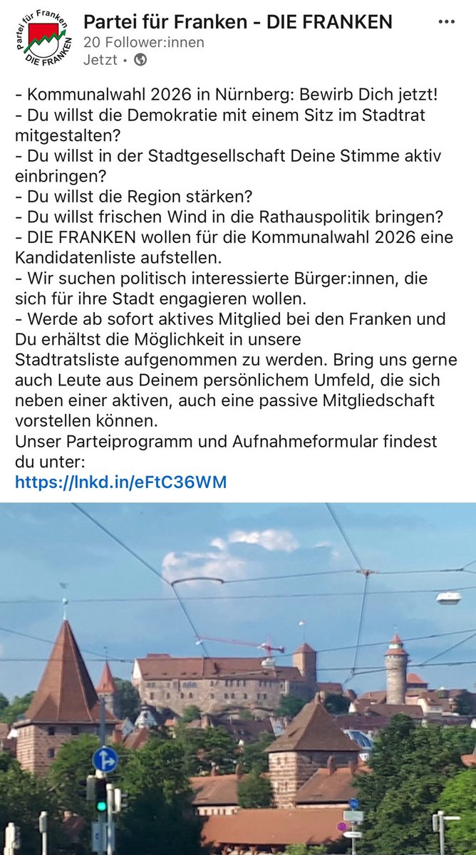 die_franken's tweet photo. Kommunalwahl 2026 in Nürnberg: Bewirb Dich jetzt!
Wir suchen politisch interessierte Bürger:innen, die sich für ihre Stadt engagieren wollen.
https://t.co/U7bMEvNpDZ https://t.co/IXKBd7eT8e