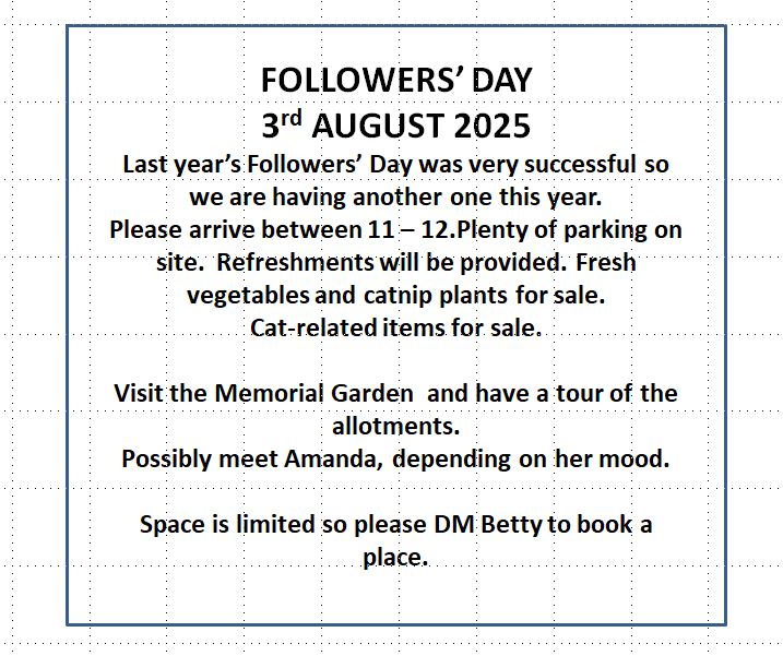 (Amanda) Here are some details about the Followers Day. It looks really good and I hope you can come. 

Don't forget to let Betty know if you are coming.

I hope I will be able to meet you on the day but, as Betty says, it all depends on my mood.

 I'll do my best to be there.