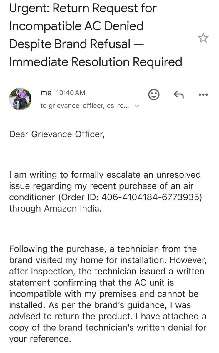 alan_srivastava's tweet photo. Ordered an AC from @amazonIN — brand technician refused installation in writing due to incompatibility.
Amazon is now refusing return, making excuses, and even stopping seller from accepting return!
Attaching proof. Need urgent resolution.
@AmazonHelp @jagograhakjago @GoI_MeitY https://t.co/yipcPdMb3u