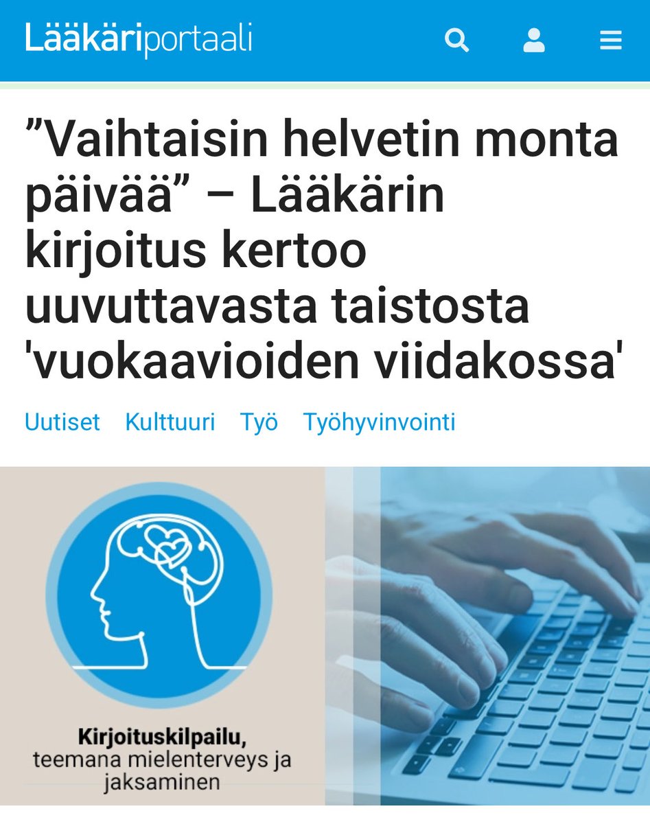 1/9: Lääkäriportaalin mielenterveysteemaisen kirjoituskilpailun kirjoitus:

⭐️ Vaihtaisin helvetin monta päivää‼️

”– Laita nyt ensin ne sukkahousut jalkaan….

Ystävällisen kirurgikollegan lempeät sanat saivat kyyneleet silmiin, vaikken halunnut sitä myöntää.”
#työhyvinvointi
