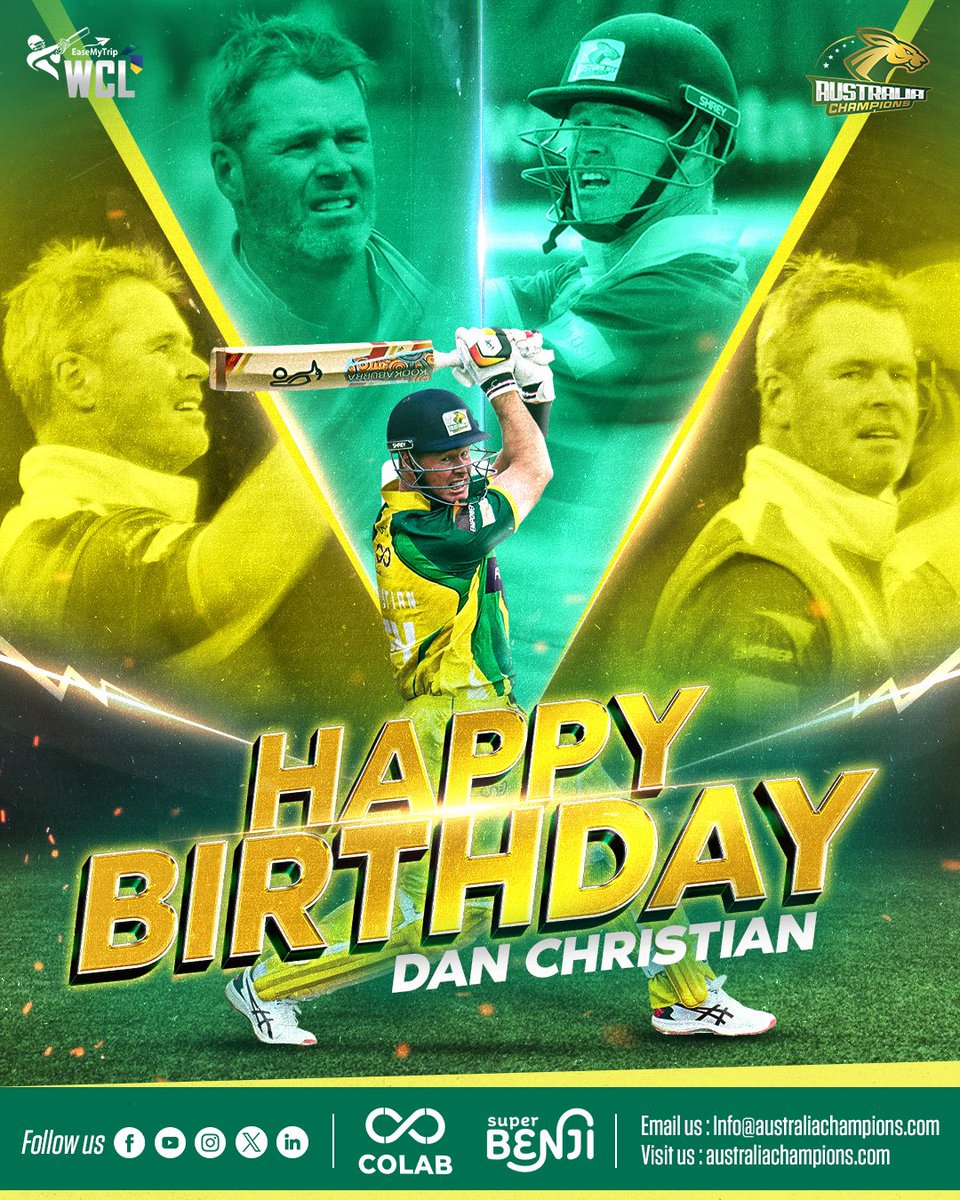 WclAustraliachampions (@australiachamps) on Twitter photo Celebrating the man who’s done it all in Aussie colours — Dan Christian! 💛
Have a cracker of a birthday, champ! 🥳
<a href="/danchristian54/">Dan Christian</a> <a href="/amarxeon/">Amardeep S Reen</a> <a href="/PuneetSinghC/">Puneet Singh</a> #WCL2025 #WCLSeason2 #WorldChampionshipoflegends #Championsbackagain #Aussies #AustralianChampions #WCL Celebrating the man who’s done it all in Aussie colours — Dan Christian! 💛
Have a cracker of a birthday, champ! 🥳
<a href="/danchristian54/">Dan Christian</a> <a href="/amarxeon/">Amardeep S Reen</a> <a href="/PuneetSinghC/">Puneet Singh</a> #WCL2025 #WCLSeason2 #WorldChampionshipoflegends #Championsbackagain #Aussies #AustralianChampions #WCL