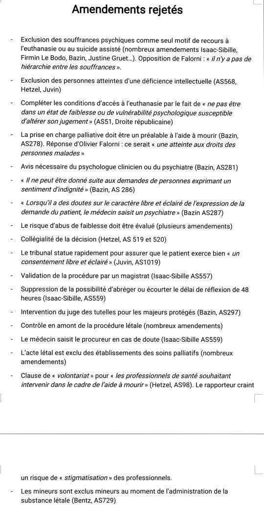 Je remets ici tous les amendements rejetés en commission des Affaires Sociales de l’Assemblée Nationale sur la PPL sur le « Droit de l’aide à mourir »

De nombreux garde-fous ont été proposés 

Tous rejetés. Demander à juge au nom de la société ?
Rejeté
Prendre avis auprès d’un
