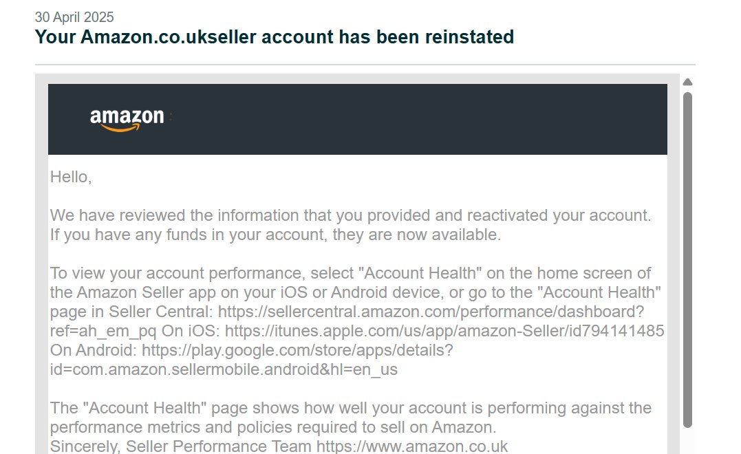 Rai_Sohaib_1's tweet image. ✅ Our team has successfully reinstated another Amazon 🇬🇧 UK Seller Account.
📞 Need help with your suspended account?
Get in touch via WhatsApp: +92 308 0766810
#amazonreinstatement 
#accountreinstatement #amazonsuspensionhelp #ReinstateYourAccount