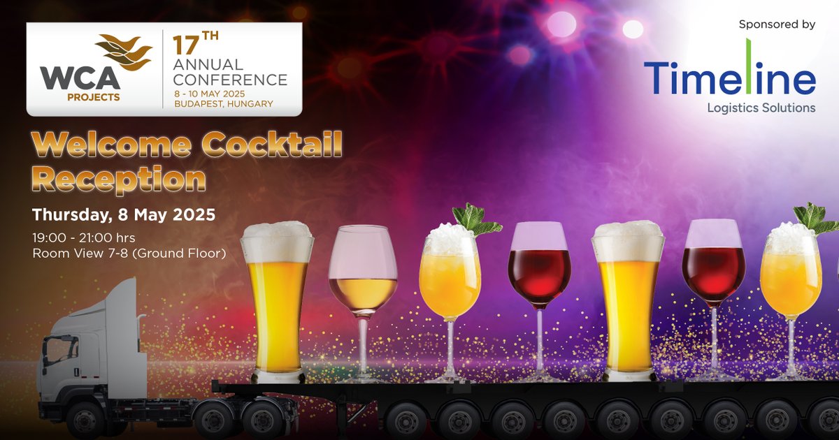 WCA_Projects's tweet image. 🍸 Join us tonight as we officially welcome you to the 17th WCA Projects Annual Conference!

📍 Room View 7-8 (Ground Floor)

A big thank you to Timeline Logistics Solutions SAC, our Cocktail Reception Sponsor.

#WCAProjects2025 #GlobalConnections #ProjectLogistics #ProjectCargo