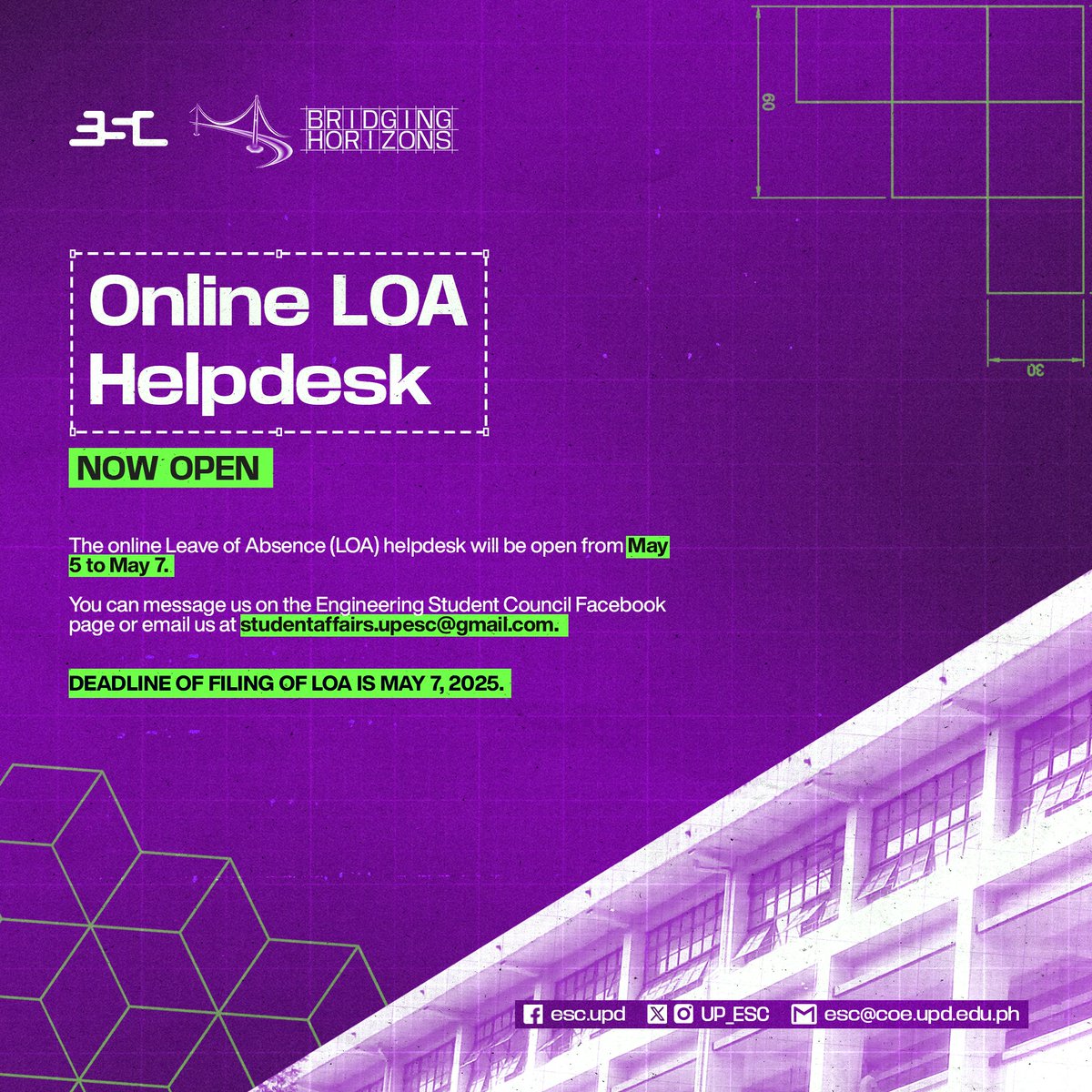 [ONLINE LEAVE OF ABSENCE HELPDESK IS NOW OPEN!]

The deadline of Filing for Leave of Absence is on May 7, 2025.

The online LOA helpdesk will be open from May 5 to May 7.

You may see the detailed procedure on dropping of subjects on our.upd.edu.ph/files/flowchar…

#ESC2425