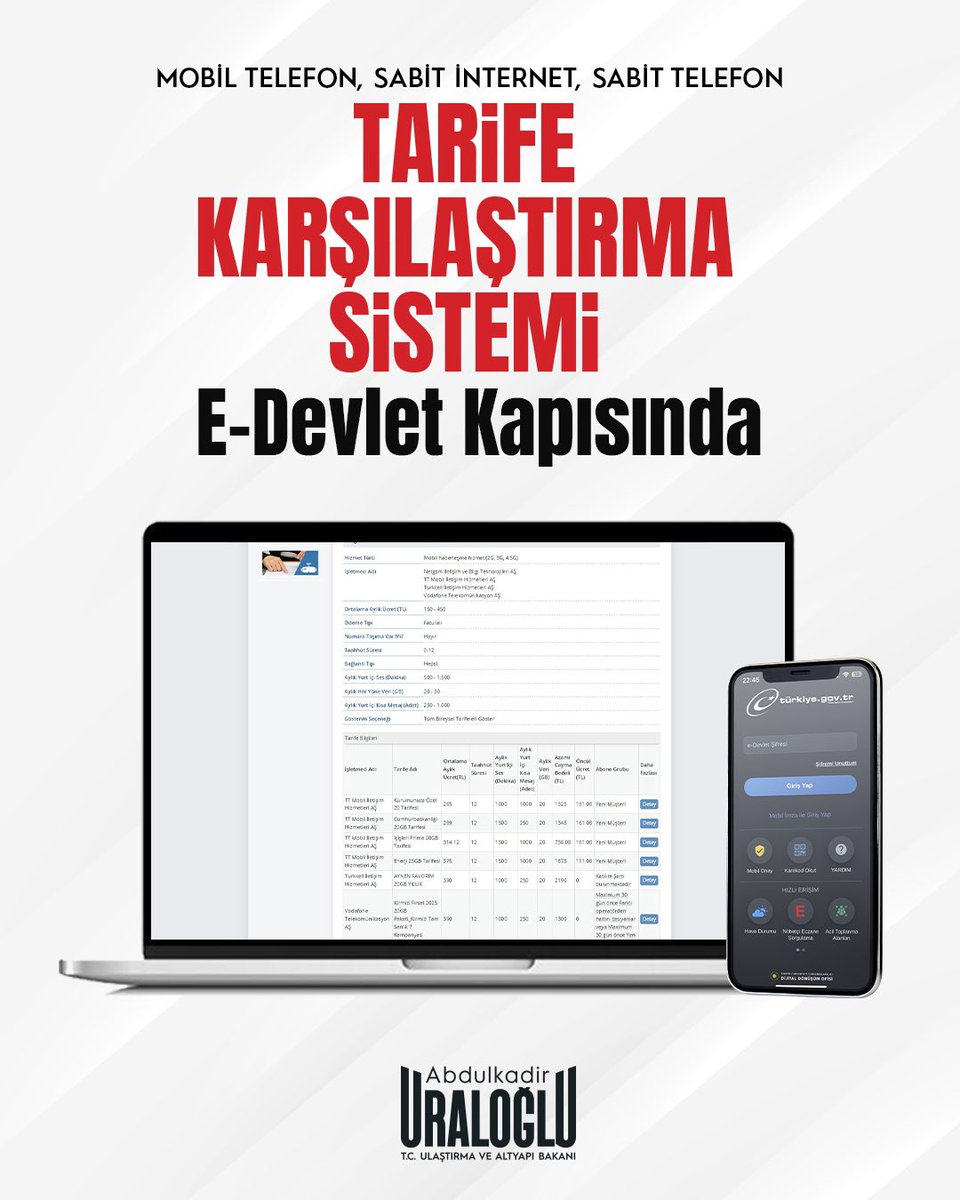 Tarife karşılaştırma dönemi e-Devlet’te başladı!

Artık 13 şirketin mobil telefon, sabit internet ve sabit telefon tarifelerini;

📶 Bağlantı hızı
💳 Ücret
🗓️ Taahhüt süresi
❌ Cayma bedeli
gibi kriterlerle tek platformda karşılaştırabilirsiniz!

Vatandaşlarımız zaman kaybetmeden