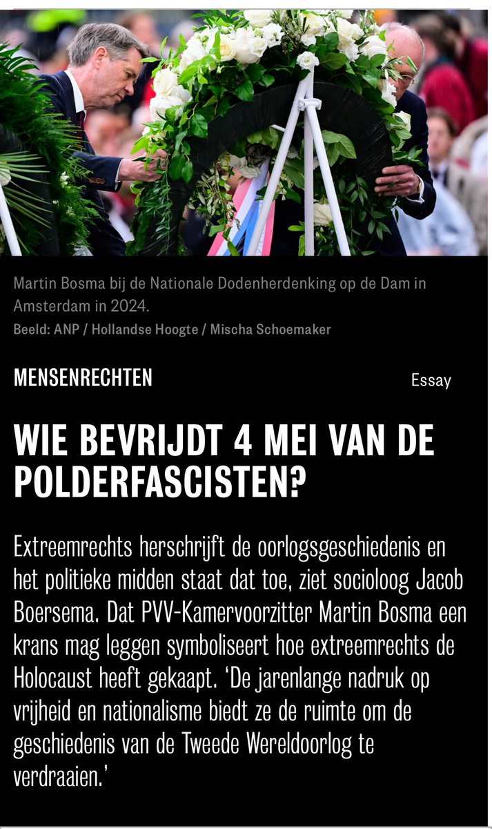 Vandaag weer onze nationale schande aanschouwen bij de dodenherdenking. De walgelijke PVV-Kamervoorzitter Bosma laat zijn extreemrechtse bakkes weer zien bij de kranslegging.🙁