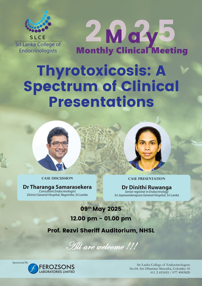 Monthly Clinical Meeting - May 2025 will be held on 09th May 2025 at ClinMARC Auditorium, National Hospital of Sri Lanka from 12.00 noon onwards.

All are welcome!