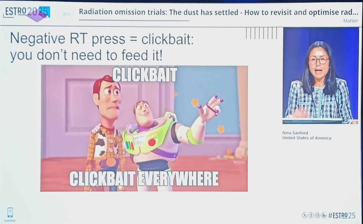 Completely agree with <a href="/NiuSanford/">Dr. Nina Niu Sanford</a> ! An excellent presentation on radiation omission trials. It's time to shift how both professionals and patients perceive radiation therapy. #ESTRO25