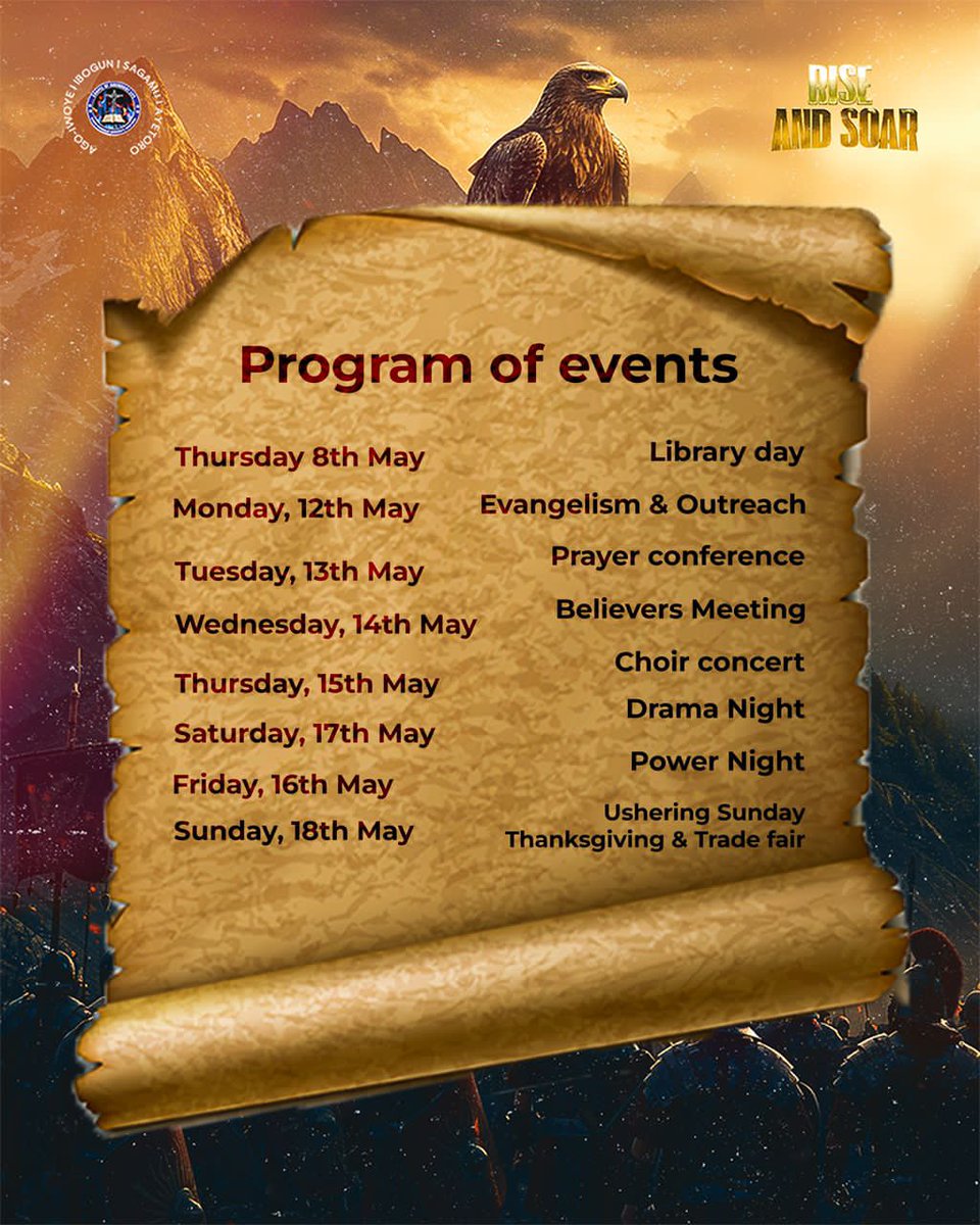 coal_oou's tweet photo. ππππππ
CHAPEL EVENTS UNVEILING
HEREIN IS THE VOICE OF THE SCROLL UNTO YOU:
SHAKE OF THE DUST
SIT TIGHT
EXPECT MUCH
EXPECT BIG
MAKE THEM DATES
WE DO THIS TILL THE END
#CHAPELWEEK
#SOMUCHMORE
#GODISREADY
#WEAREREADY
#RISEANDSOAR https://t.co/6qpwj3YkTC