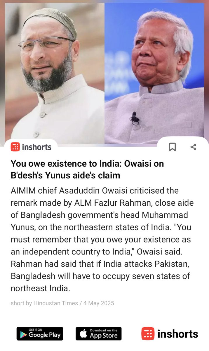 You owe existence to India: Owaisi on B'desh's Yunus aide's claim
shrts.in/kFKoS
 -via inshorts