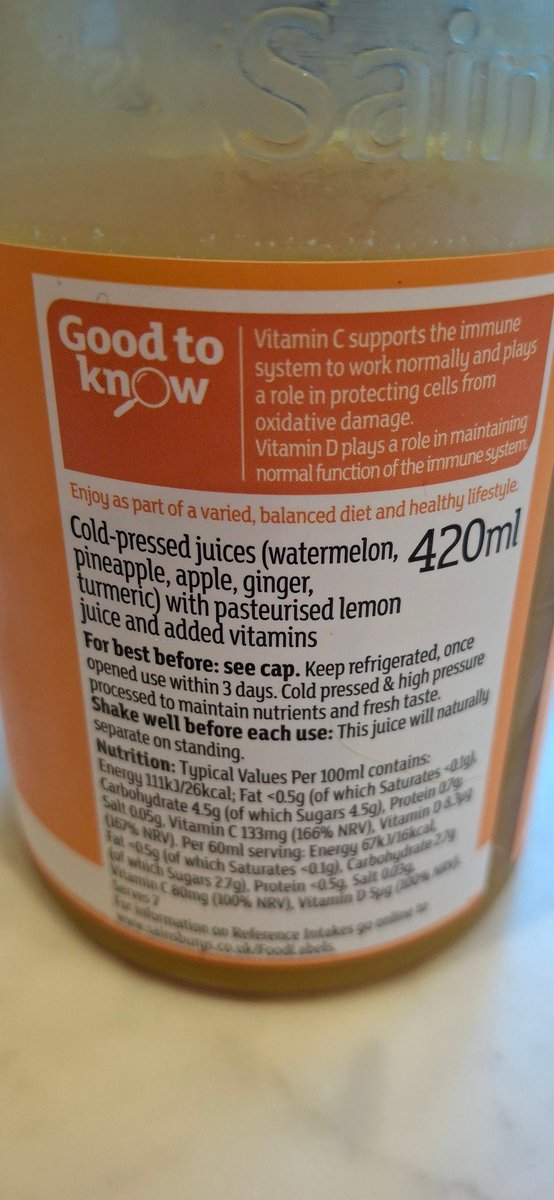 FrancesMay1980's tweet photo. @sainsburys I bought this yesterday but the front says x7 daily shots but the back says drink within 3 days. Can you advise? https://t.co/Hnz4mitLVz