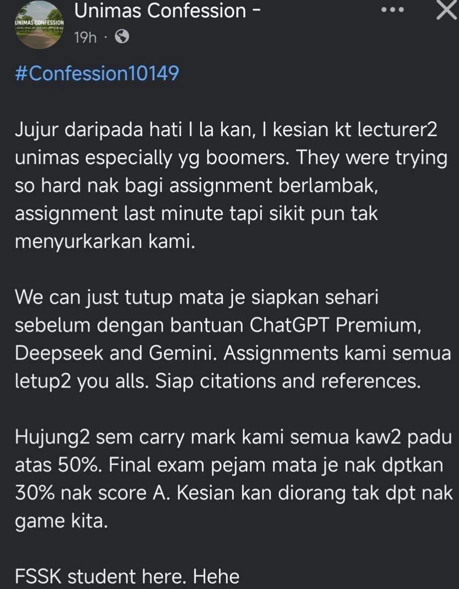 DrTazli's tweet photo. More and more students today are using “cheat codes” — cutting corners with assignments, projects, and tasks using AI.

Frankly, I don’t just blame the students. I blame both sides: the students and the educators. Why? Because both are losing out in the long run. Here’s why this problem exists: