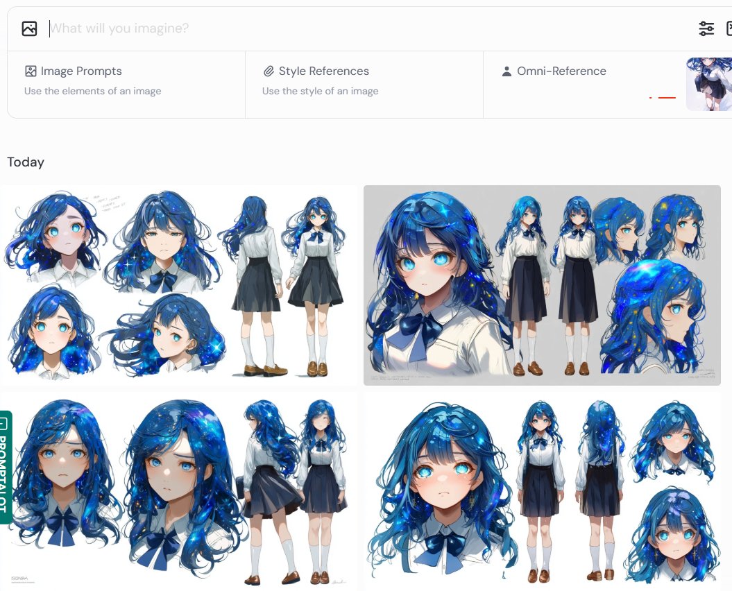 aiehon_aya's tweet image. キャラ固定したい人へ
───────────
1⃣midjourneyの「omni-reference」でキャラいれる
2⃣文字プロンプトで「character sheet」とキャラの外見情報を入れる
3⃣キャラのほかの表情や後ろ姿も出せるのでより動画や漫画に使いやすくなる