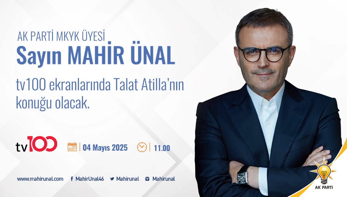 Bugün sabah saat 11:00'da <a href="/tv100/">TV100</a> de "#TalatAtilla ile #Memleket’ programının konuğu AK Parti MKYK Üyesi Mahir Ünal... <a href="/mahirunal/">Mahir Ünal 🇹🇷</a>
Bir maniniz yoksa misafirimizsiniz.