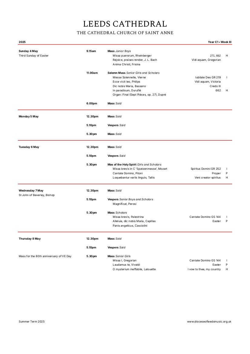 This week's sung Masses and vespers at Leeds Cathedral, including Mass of the Holy Spirit on Tuesday evening to mark the start of the conclave the following day.
Today, Bradford Catholic Girls Choir, Huddersfield Boys Choir and Skipton Catholic Junior Choir are also singing Mass.