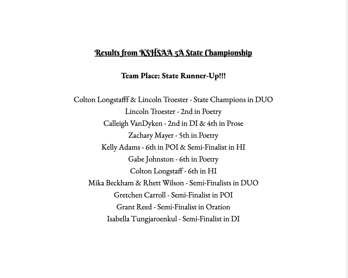 What an amazing way to end the Forensics Season!
For the first time, the team placed at the State Championship ending in 2nd place out of 24 teams!
We had 13 semi-finalists.  Of those, 8 broke to finals!  
Plus, Colton Longstaff &amp; Lincoln Troester are State Champions in DUO!