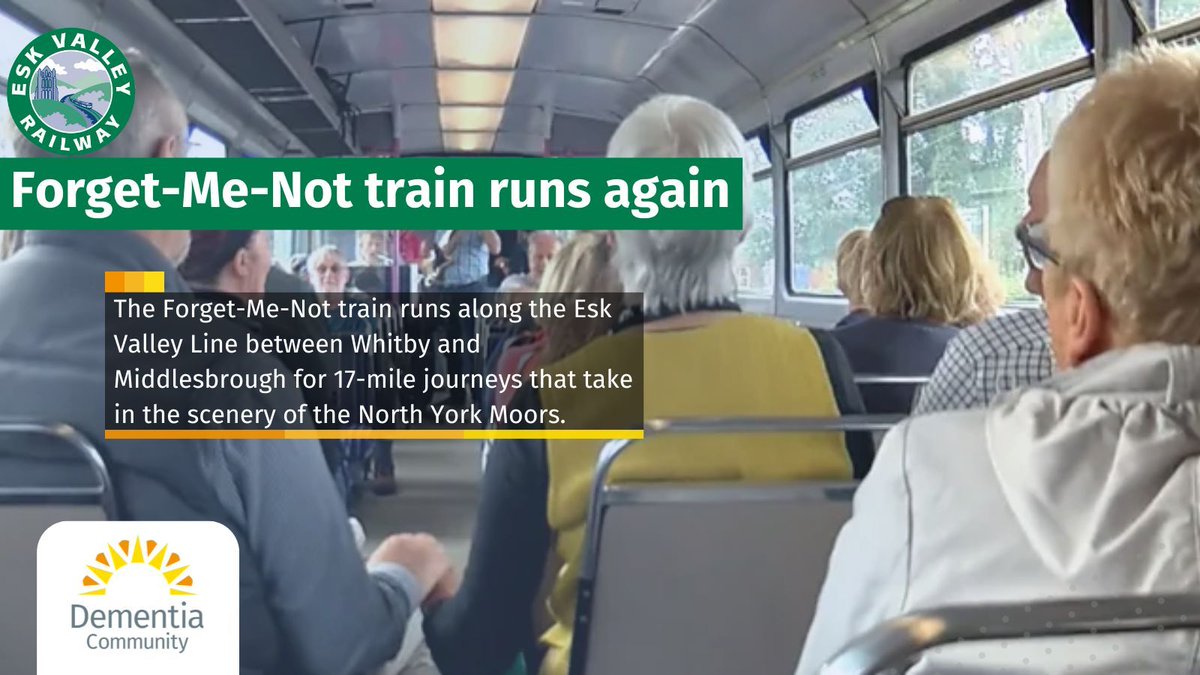 Dementia Community (@jdementiacare) on Twitter photo After a COVID pause, the <a href="/EVRDC/">Esk Valley Railway</a> Forget-Me-Not train is back.
The Forget-Me-Not train runs along the Esk Valley Line between Whitby and Middlesbrough for 17-mile journeys that take in the scenery of the North York Moors.
Read More: buff.ly/99nbuSp After a COVID pause, the <a href="/EVRDC/">Esk Valley Railway</a> Forget-Me-Not train is back.
The Forget-Me-Not train runs along the Esk Valley Line between Whitby and Middlesbrough for 17-mile journeys that take in the scenery of the North York Moors.
Read More: buff.ly/99nbuSp