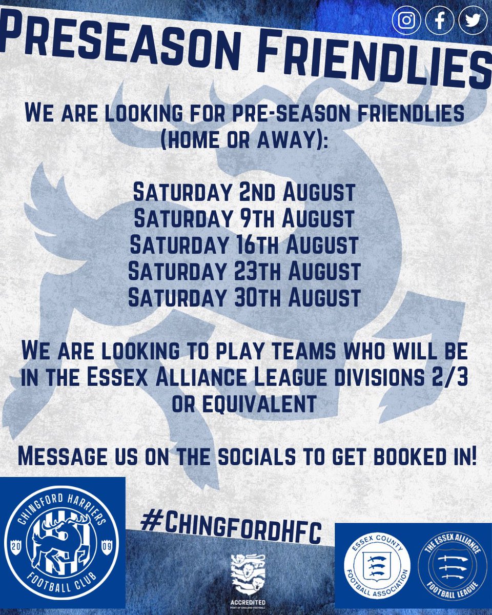 Chingford Harriers FC (@chingharriers) on Twitter photo We are now looking for home or away pre-season friendlies throughout August, in preparation for the 25/26 season.
If you will be in the Essex Alliance league divisions 2/3 this season, or an equivalent league, then why not drop us a DM and let’s get a game pencilled in! 🔵⚪️⚽️ We are now looking for home or away pre-season friendlies throughout August, in preparation for the 25/26 season.
If you will be in the Essex Alliance league divisions 2/3 this season, or an equivalent league, then why not drop us a DM and let’s get a game pencilled in! 🔵⚪️⚽️