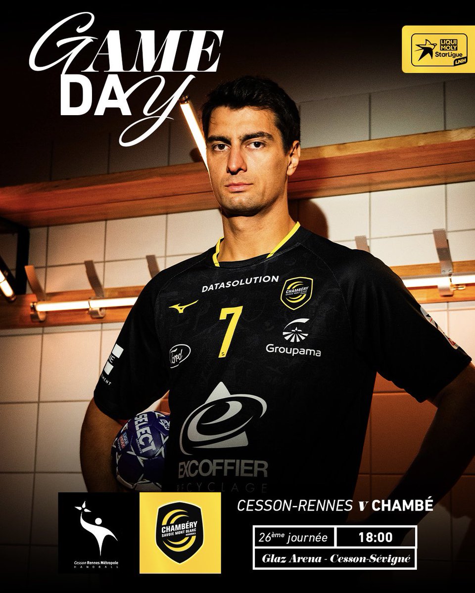 Chambéry Savoie Mont Blanc (@teamchambe) on Twitter photo ⚡️ 𝗚𝗔𝗠𝗘 𝗗𝗔𝗬 ⚡️
🆚 <a href="/crmhb/">Les Irréductibles Cessonnais</a>
🕖 18:00
🏟 Glaz Arena - Cesson-Sévigné
🏆 #LiquiMolyStarLigue I 26ème journée
📺 Handball TV
#NousSommesChambé 🟡⚫️ ⚡️ 𝗚𝗔𝗠𝗘 𝗗𝗔𝗬 ⚡️
🆚 <a href="/crmhb/">Les Irréductibles Cessonnais</a>
🕖 18:00
🏟 Glaz Arena - Cesson-Sévigné
🏆 #LiquiMolyStarLigue I 26ème journée
📺 Handball TV
#NousSommesChambé 🟡⚫️