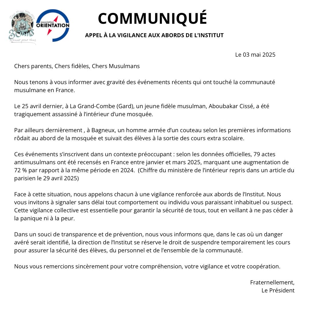 ⚠️ Appel à la vigilance aux abords de l'Institut ⚠️