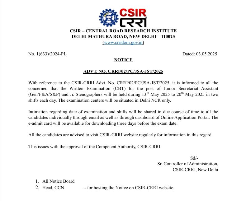 edutechrr's tweet image. 📢 CSIR-CRRI 2025 Exam Date Announced!
🖊 Posts: Junior Secretariat Assistant &amp;amp; Junior Stenographer
📅 Exam Date Out Now!
🔗 Check Notice Here: tinyurl.com/csir-crri-2025…

🎯 Tayyari shuru kar dijiye – ab samay kam hain!

#CSIRCRRI  #StenographerExam #JuniorAssistant #EduTechRR