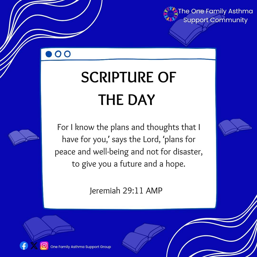 OneFamilyAsthma's tweet photo. "Hope-filled Sunday! 'For I know the plans I have for you,' says the Lord (Jeremiah 29:11). May God's goodness and promise guide you today!
@DeborahMaurice
#SundayBliss
#OFASCommunity
#FirstSundayOfTheMonth https://t.co/LTsUVA9Vf7