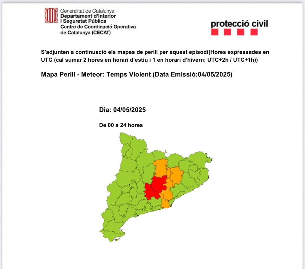 🚨Aviso de Protección Civil de posible tiempo violento en las próximas 2 horas, en nivel medio para el Baix Llobregat.

Activamos DUPROCIM y recomendamos recogida de toldos, macetas, y cualquier elemento que pueda verse afectado por viento o lluvia severa.