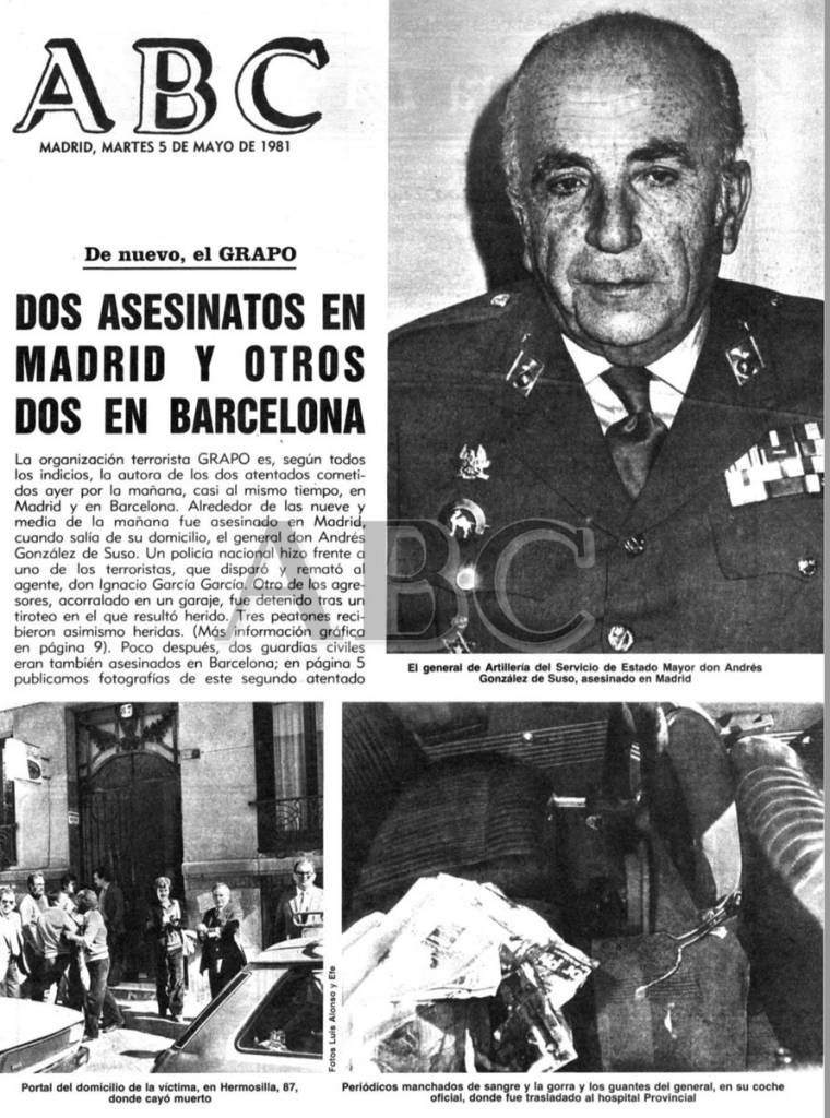 ConsuorF's tweet image. #TalDiaComoHoy 1981 los #GRAPO asesinaron en #Madrid primero a Andrés González de Suso general de artillería, dos terroristas le pegaron un tiro en la cabeza al subir al coche. En su huida se tropezaron con el @policia Ignacio García también lo mataron y remataron sin piedad. 
🧵