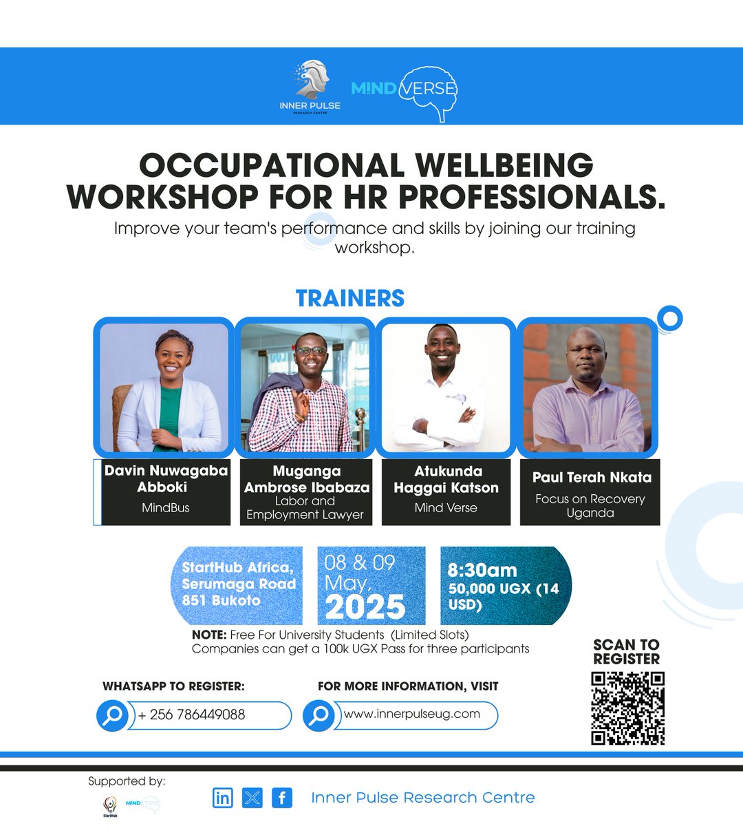 Inner Pulse Research Centre (@innerpulseug) on Twitter photo We're excited to organize an occupational wellbeing training workshop for HR professionals at <a href="/StartHubAfrica/">StartHub Africa</a> in collaboration with <a href="/MindVerse_/">Mindverse Uganda</a>. You will learn how best to improve your workplace productivity through mental wellness.
Please apply here forms.gle/wL6eoK3tZ9ubmN… We're excited to organize an occupational wellbeing training workshop for HR professionals at <a href="/StartHubAfrica/">StartHub Africa</a> in collaboration with <a href="/MindVerse_/">Mindverse Uganda</a>. You will learn how best to improve your workplace productivity through mental wellness.
Please apply here forms.gle/wL6eoK3tZ9ubmN…
