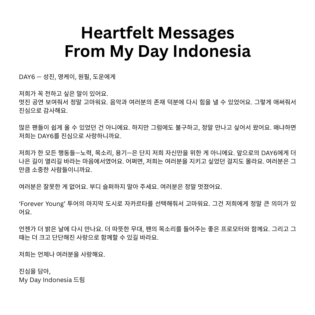 xiguapink's tweet photo. For DAY6, with Love from Indonesia

Dear My Day,
DAY6에게 우리의 깊은 사랑과 진심 어린 감사를 전하기 위해, 아래 템플릿을 활용해 따뜻한 메시지를 함께 전달해 봅시다

@day6official @jypnation @DAY6__SUNGJIN @Dw_day6_drummer https://t.co/SSxmVIcNPt