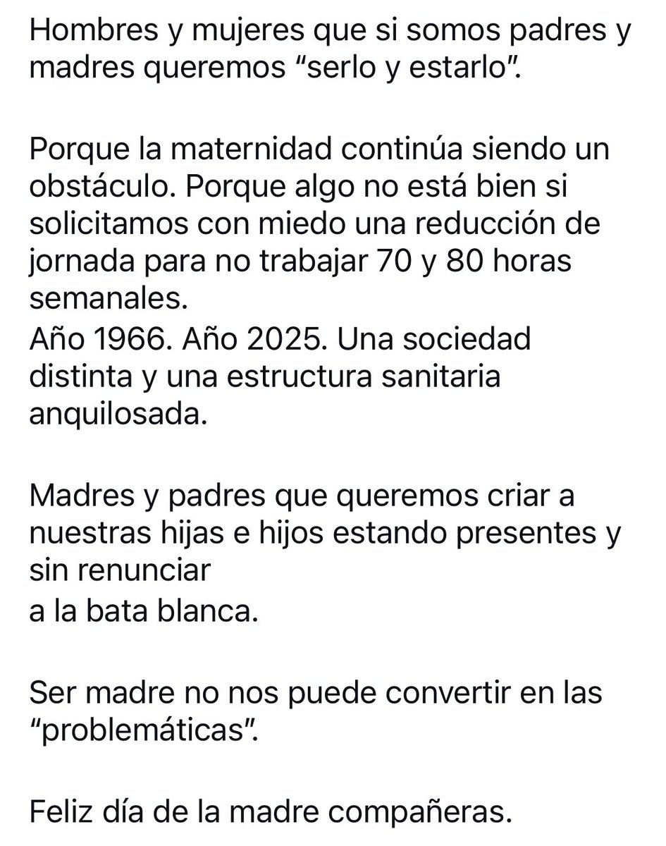 Texto de Tamara Contreras de  IG @uci_para_todos poco se habla del contexto en que se idearon las guardias de 24h, contexto en el que menos del 5% de las médicas eran mujeres y hombre no participaba en la crianza. #FelizDiadelaMadre