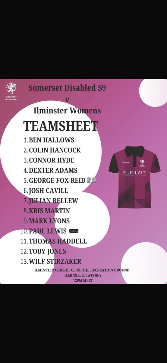 SomersetDisabledCC (@somdisabledcc) on Twitter photo Somerset Disabled CC get their season underway today. The D40 side have a league game at <a href="/IltonCC/">Ilton Cricket Club</a> against <a href="/WalesDisability/">Cricket Wales Disability</a>. The S9 team have a friendly at <a href="/Ilminstercc/">IlminsterCC</a> against their womenβs team! Line ups below! #goodluck #WeAreSomerset π₯πͺπΌ <a href="/SomCricketFDN/">Somerset Cricket Foundation π</a> <a href="/SomersetCCC/">Somerset Cricket π</a> Somerset Disabled CC get their season underway today. The D40 side have a league game at <a href="/IltonCC/">Ilton Cricket Club</a> against <a href="/WalesDisability/">Cricket Wales Disability</a>. The S9 team have a friendly at <a href="/Ilminstercc/">IlminsterCC</a> against their womenβs team! Line ups below! #goodluck #WeAreSomerset π₯πͺπΌ <a href="/SomCricketFDN/">Somerset Cricket Foundation π</a> <a href="/SomersetCCC/">Somerset Cricket π</a>