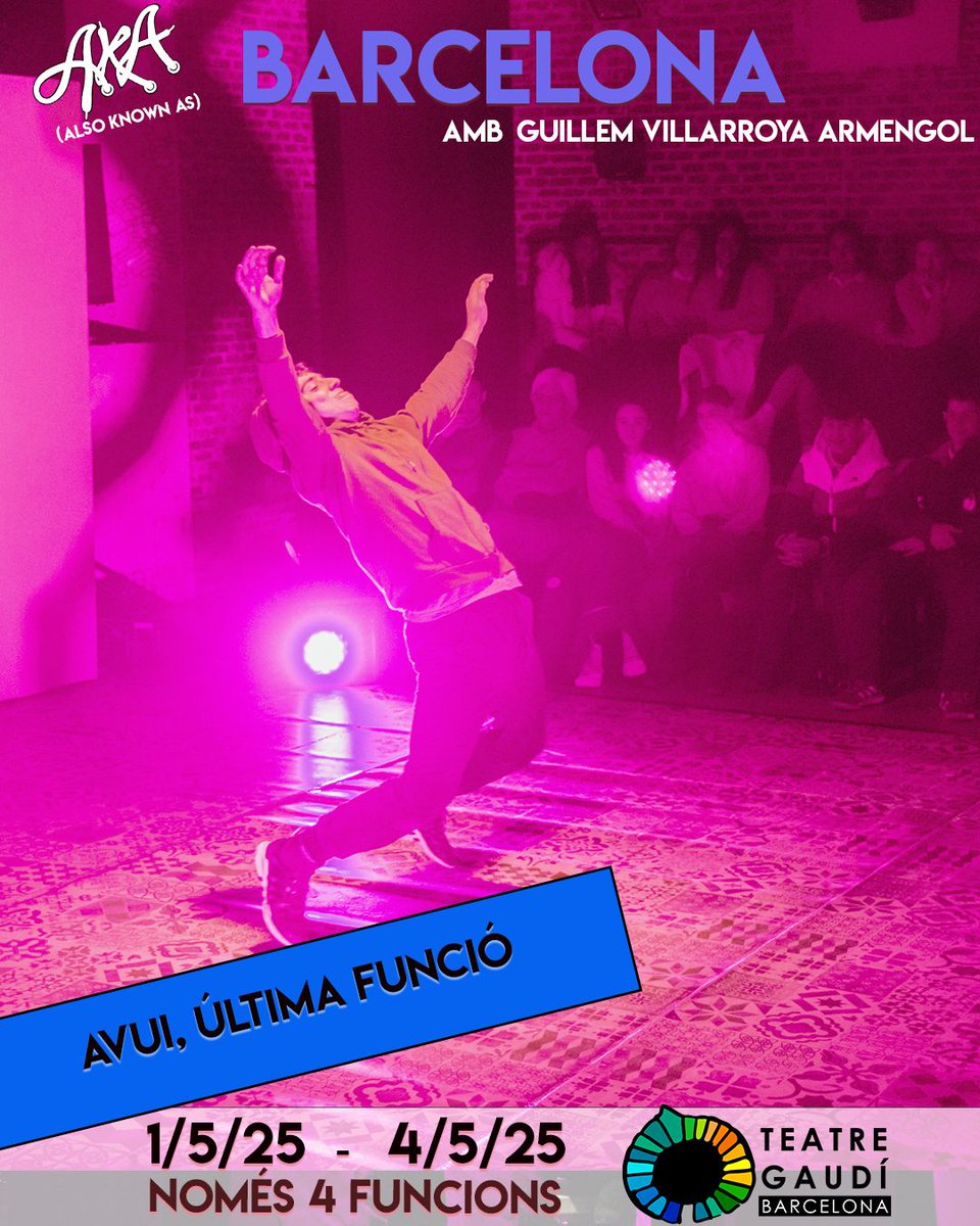 AKA TEATRO (@akabcn) on Twitter photo 💥LAST CHANCE: Avuí, última funció al <a href="/teatregaudi/">Teatre Gaudí</a> de A.K.A (Also Known As)
🛹
#Teatre #Teatro #Barcelona 💥LAST CHANCE: Avuí, última funció al <a href="/teatregaudi/">Teatre Gaudí</a> de A.K.A (Also Known As)
🛹
#Teatre #Teatro #Barcelona