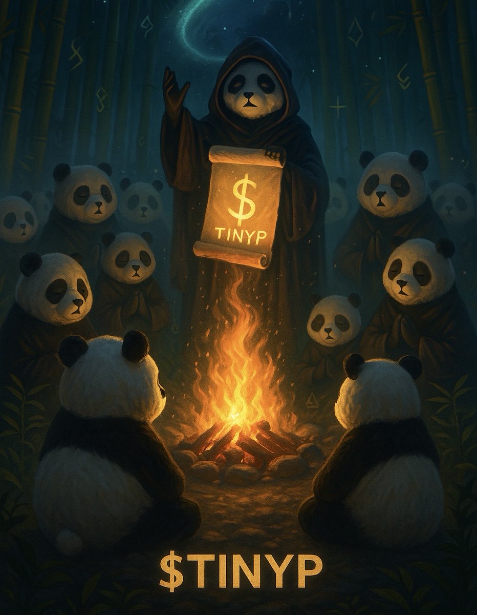 Official_TinyP's tweet photo. As night falls in the bamboo forest.
The fire is lit.
You step into the circle—pandas of all shapes and sizes surround you.
An ancient panda emerges from the shadows.
In his paws, the sacred scroll.
It bears a single glyph:
$TINYP
#MemeCult #BuiltOnBase #PandaProphecy https://t.co/LRzJmoHKuF