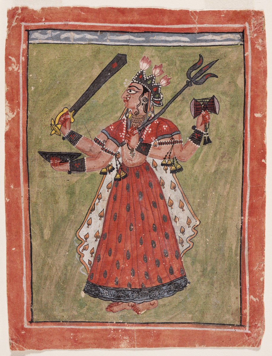 SujoshGhodake's tweet photo. From late 17th century Basohli, India, behold this beautiful representation of the Hindu Goddess Durga, rendered in opaque watercolor and silver on paper.
Artist: Unknown https://t.co/L6OJmWkIfK