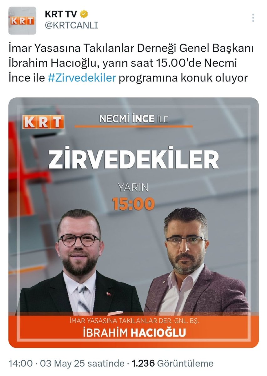 📢 Dikkat! Canlı Yayın Başlıyor! 📢

Bugün saat 15.00'te Necmi İnce'nin sunumuyla gerçekleşecek olan #Zirvedekiler programına İmar Yasasına Takılanlar Derneği Genel Başkanı İbrahim Hacıoğlu konuk oluyor!

Gündem: Yapı Kayıt Mağduriyetleri ve çözüm önerileri masaya yatırılıyor.